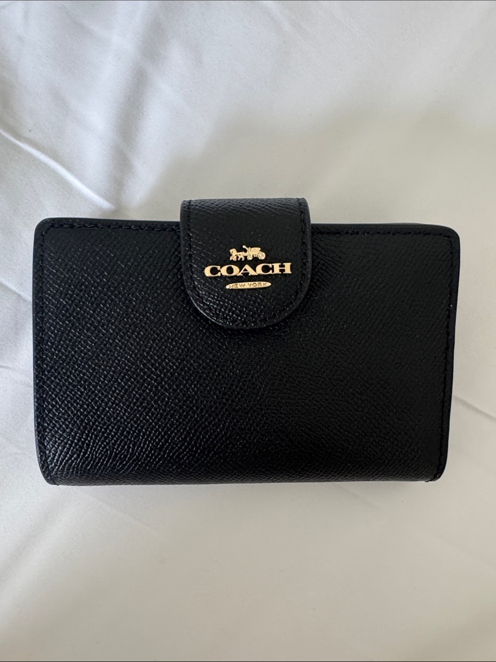 Coach Black Saffiano Leather Card Holder with Gold Logo